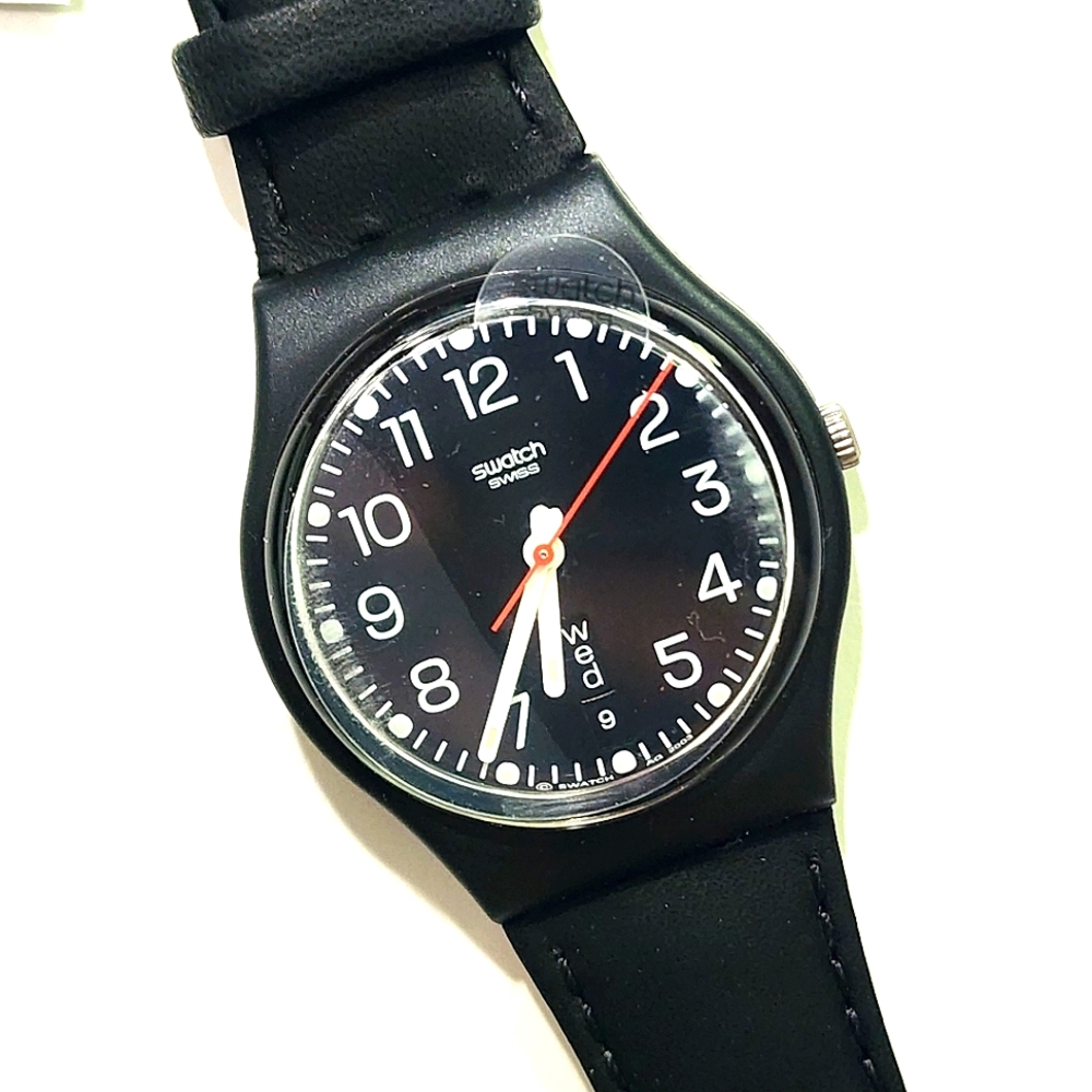 New Swatch Black Leather Unisex Watch